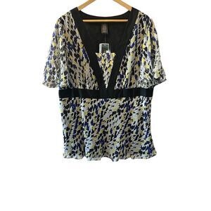 NWT ALFANI 100% Silk Printed Deep Neck Short Flutter Sleeve Dressy Top 18W
